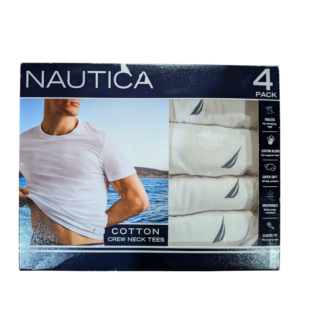 Nautica Mens 4 Pack Cotton Blend Crew Neck Tees White Undershirts Size M NEW